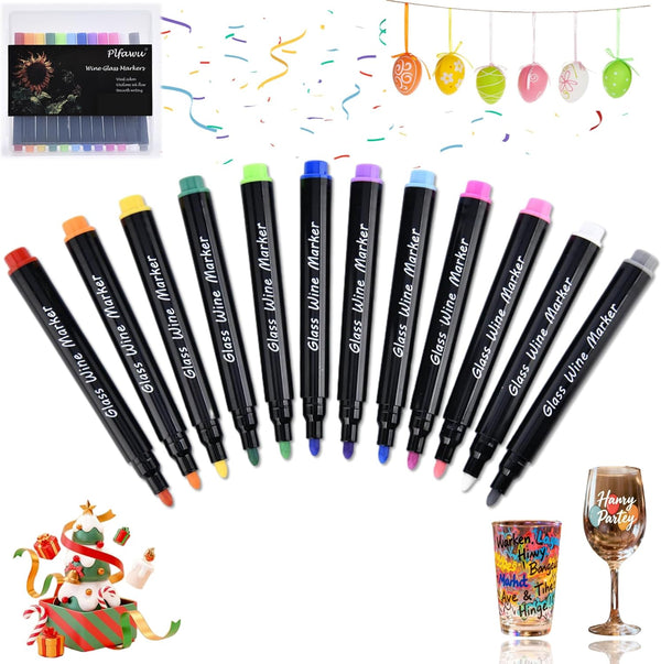 Plfawu 12 Colors Acrylic Wine Glass Markers - Fine Tip, Dishwasher-Safe & Food-Safe