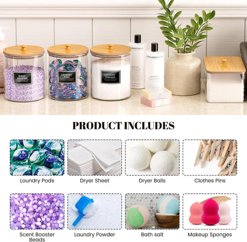 HomePekite 2 Pack Glass Laundry Pods Container, Clear Laundry Room Organization Containers with Lids & Labels, Powder