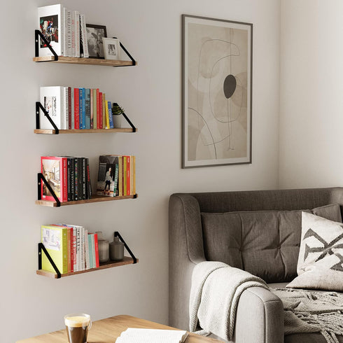 Wallniture Ponza Floating Shelves Set of 4, Wall Mounted Rustic Wood Board with Metal Bracket