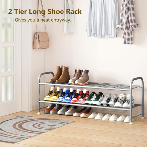 2 Closet LINZINAR Shoe Rack Tier Storage Organizer for Entryway Metal Grey