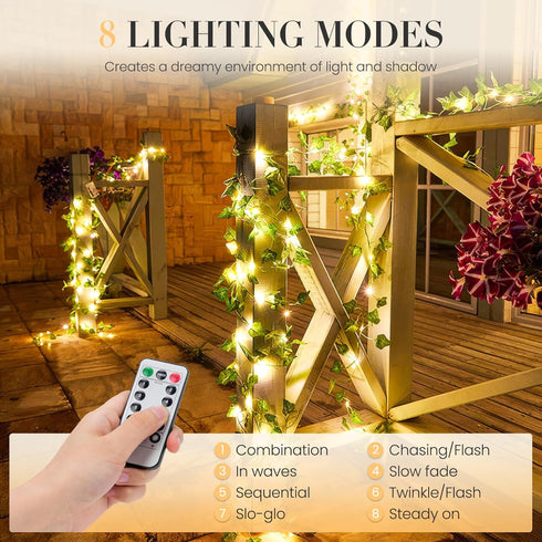 33ft 100 KASZOO LED Vine with Fairy Lights with Remote, Fake Vines String Lights Battery/USB Operated, Ivy Garland