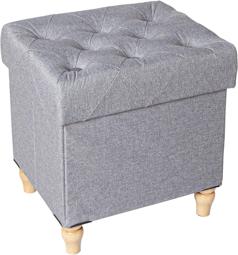 CAROLMADE Folding Storage Ottoman Cube Linen Footstool with Wood Legs Ottoman Footrest