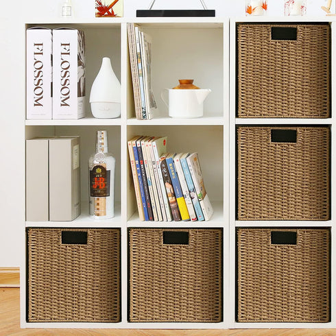 Vagusicc Wicker Storage Basket, Set of 2 Hand-Woven Baskets with Handles, 9 inch Foldable Cube Storage Bins for Pantry