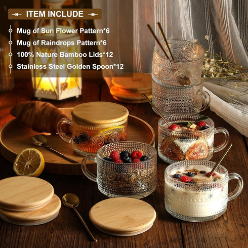 12pcs Set 14oz LANDNEOO Irish Coffee Glasses, Vintage Coffee Mugs, Overnight Oats Containers with Bamboo Lids