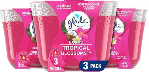 Glade Candle Exotic Tropical Blossoms, 3-Wick Fragrance Candle Infused with Essential Oils, 6.8 Oz, 3 Count
