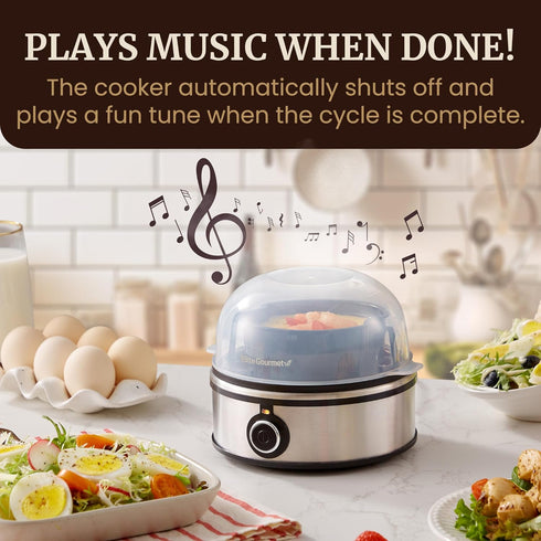 EGC855SS 7-Egg Elite Gourmet Easy Egg Cooker, Capacity, Soft, Medium, Hard-Boiled, Omelets, Poached Eggs, Plays Melody