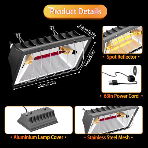 250W Heat Lamp for Chickens, Chicken Heat Lamp, Brooder Heater for Chicks, Hanging Light Heated Adjustable Temp