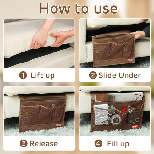 HAKACC Bedside Organizer with Hanging Pocket, Remote Holder for Bed Accessories, Brown
