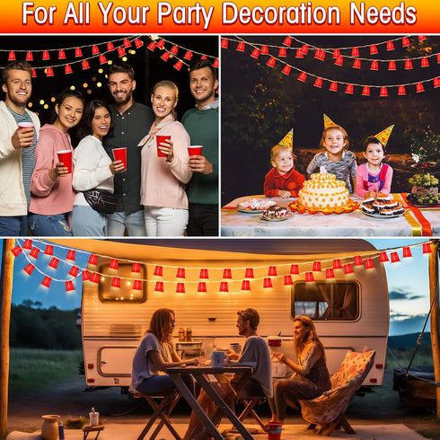 2 Pack 16.4FT 30 Hiboom LED Red Cup String Lights, Trailer Park Party Decorations, Battery Operated Mini Shot Cups