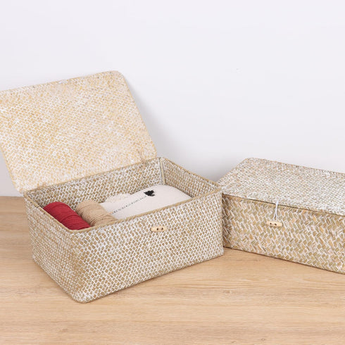 FEIALNDUO Wicker Shelf Baskets with Lid - Seagrass Storage Bins Rectangular Handwoven Basket Boxes for Home Organizer