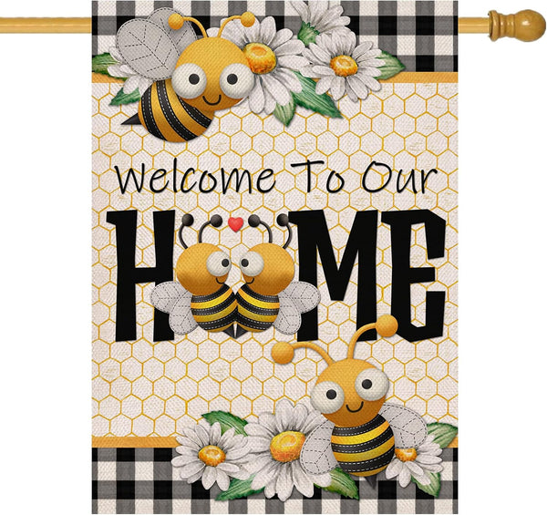 Welcome to Our Home Bumble Bee Spring Summer Decorative Large House Flag, Buffalo Plaid Check Daisy Garden Decor 28x40