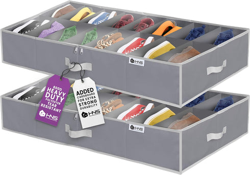 HOLDN' STORAGE Under Bed Shoe Organizer - Set of 2, Grey, Tear-Resistant Material, Holds Up to 32 Pairs