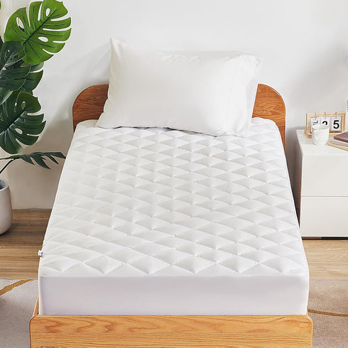 SLEEP ZONE Breathable Twin Mattress Pad - Machine Washable Quilted Fitted Cover, Deep Pocket up to 21" (White)