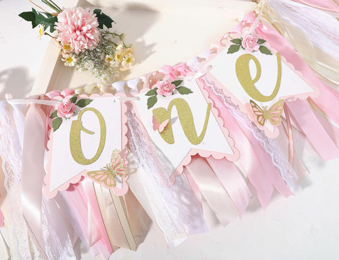Agkvw 1st 1st Pink and Gold High Chair Banner- Floral and Butterfly One Highchair Banner, Birthday Party Decoration