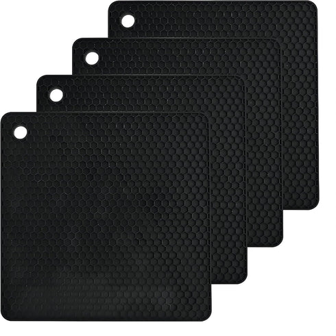 Silicone Trivets Mats Set - Heat Resistant Pot Mat for Countertop, Table Placemats, 4 Pack, Black