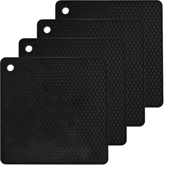Silicone Trivets Mats Set - Heat Resistant Pot Mat for Countertop, Table Placemats, 4 Pack, Black