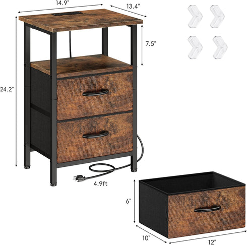 24.2" Vagusicc Nightstand with Charging Station, Small Night Stand with Fabric Drawers for Bedroom, End Table, Bedside