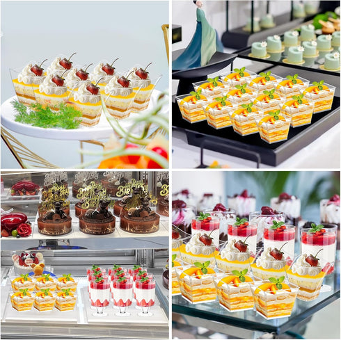300 Packs 4oz 3 tchrules Dessert Cups with Spoons, Styles Mini Plastic Appetizer Cups, Clear Parfait Cup for Party