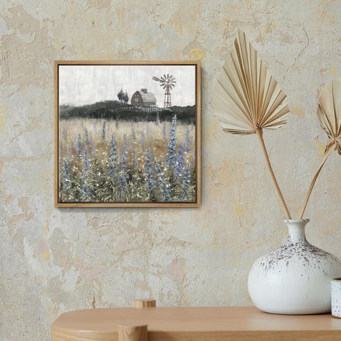 Framed Wall Art Vintage Classical Farmhouse Painting, Rustic Wildflower Field Landscape Canvas Print