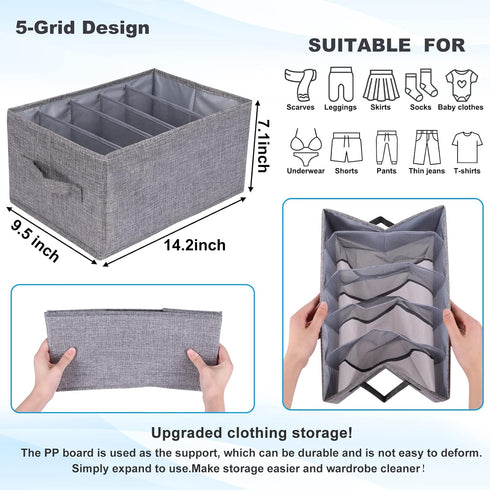 Fixwal 4pcs Wardrobe Clothes Organizer Foldable Jean Organizer for Drawer Washable Compartment Closet Organizers and Storage Bins for Clothes Jeans Pants Sweaters 5 Grids Gray by Fixwal