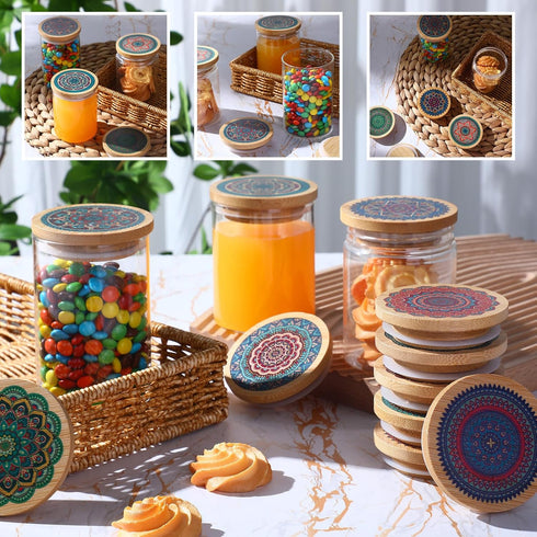 Yaomiao 12 Set, 24 Pieces Yogurt Jar Lids Reusable Bamboo Mandala Pattern Lids with Silicone Sealing Rings and Pcs