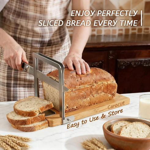 CAROCUT 6.3, Adjustable Bread Slicer, Foldable Wood & Stainless Steel Guide for Homemade Sourdough, Sandwich & Artisan