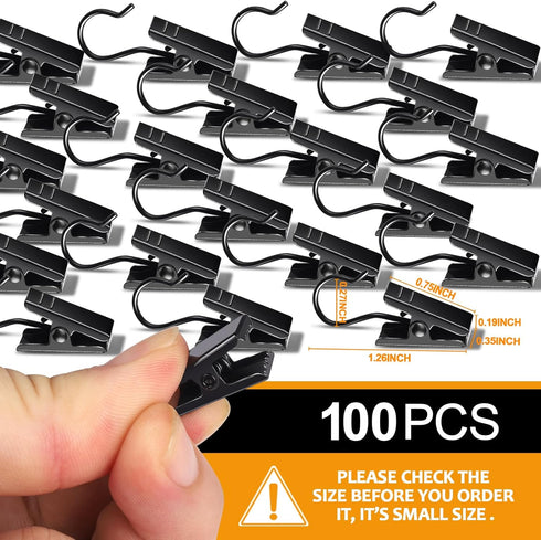 Teenitor 100 Pack Small Curtain Clips for Outdoor String Lights, Stainless Steel Hooks for Hanging Drapes, Black