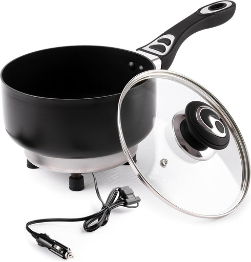 ZONETECH 12V Portable Non-Stick SaucePan with Glass Lid, 2 Quart, Stay-Cool Handles, Rapid Heat Up, Perfect for Camping