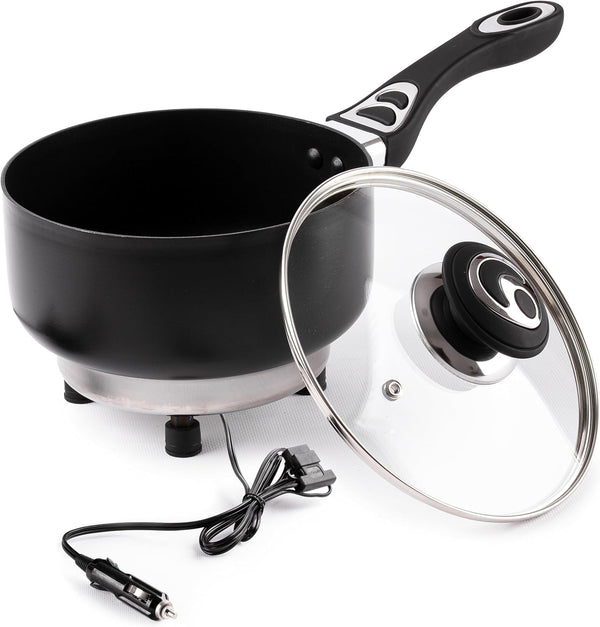 ZONETECH 12V Portable Non-Stick SaucePan with Glass Lid, 2 Quart, Stay-Cool Handles, Rapid Heat Up, Perfect for Camping