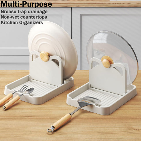 H&W 2Pcs Spoon Rest with Lid Holder,Foldable Spoon Holder for Kitchen Counter,Cat Pot Lid Holder for Spoons,Pot Lids,Spatulas,Utensils,Forks(Beige + Grey)