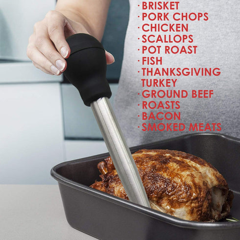 Stainless Steel Turkey Baster with Cleaning Brush - Food Grade Basting Syringe with 2 Marinade Injector Needles, Black