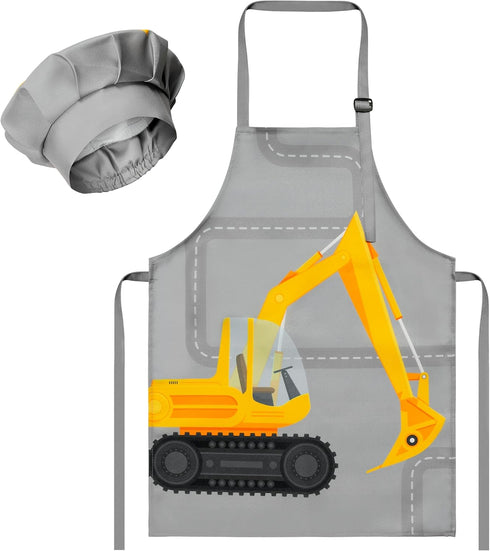 R HORSE 2Pcs Kid Apron And Chef Hat Set, Adjustable Excavator Children