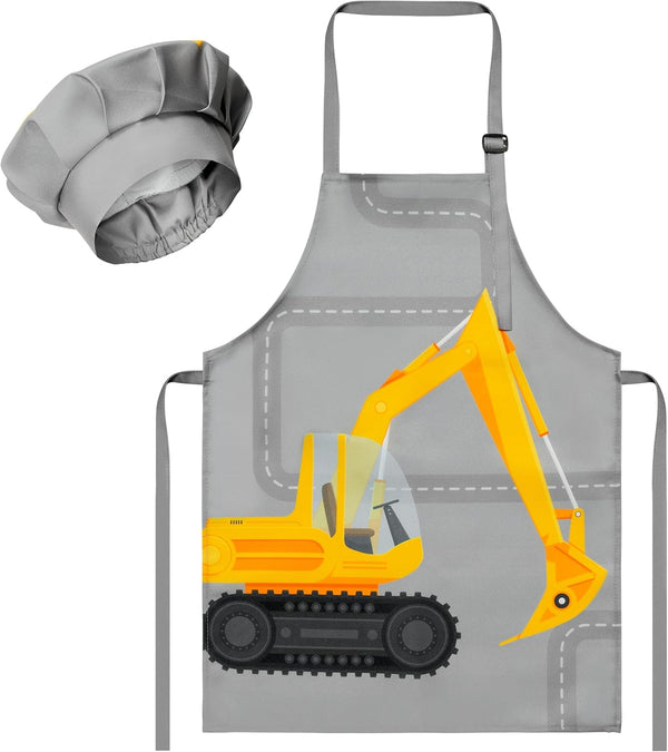 R HORSE 2Pcs Kid Apron And Chef Hat Set, Adjustable Excavator Children