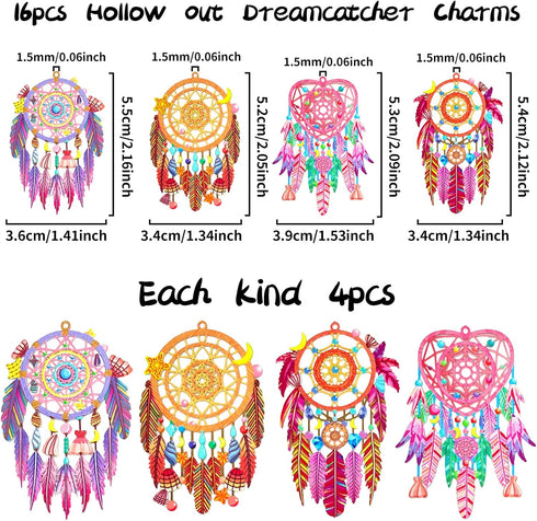 16pcs Multicolor Dreamcatcher Charms - Hollow Filigree Pendants for Earrings Jewelry Bookmark Accessories