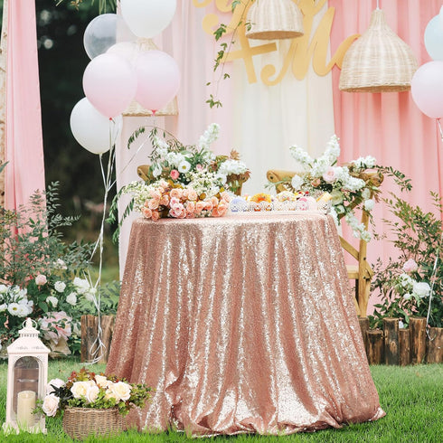 PartyDelight Round Sequin Tablecloth 50 inch Rose Gold for Wedding, Birthday, Bridal, Baby Shower Decorations