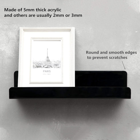 IEEK 15 Inch Black Acrylic Floating Wall Ledge Shelf, Wall Mounted Nursery Kids Bookshelf, Set of 3