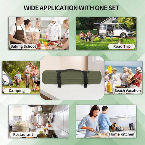 Chef Knife Roll Bag, Waterproof Waxed Canvas Case Holds Knives, Adjustable Strap, 11 Knife Slots, Large Zippered Pocket