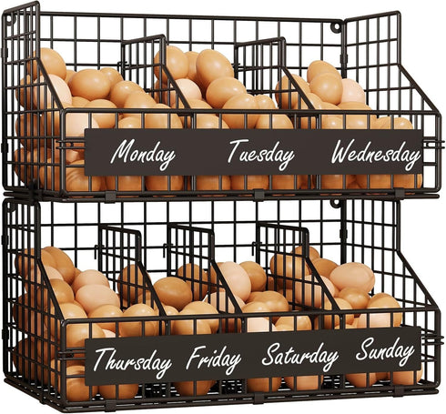 Countertop 5 2-Tier keomaisyto Egg Holder with Dividers & DIY Labels to Separate Eggs, Stackable Wire Baskets, XXL Egg