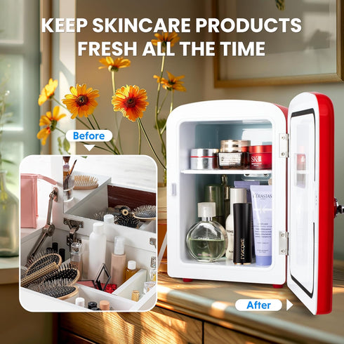 HealSmart Portable Mini Fridge, 4 Liter Cooler and Warmer with Observation Window, Eco Friendly for Drinks, Red