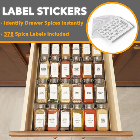 24 378 4 11.25" 17.5" SpaceAid Spice Drawer Organizer with Spice Jars, White Minimalist Spice Labels, Tier Seasoning