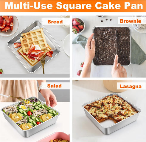 TeamFar Set of 2, 6 Inch Square Cake Pan, Stainless Steel Baking Pan for Lasagna Cake Brownie, Heavy Duty & Dishwasher