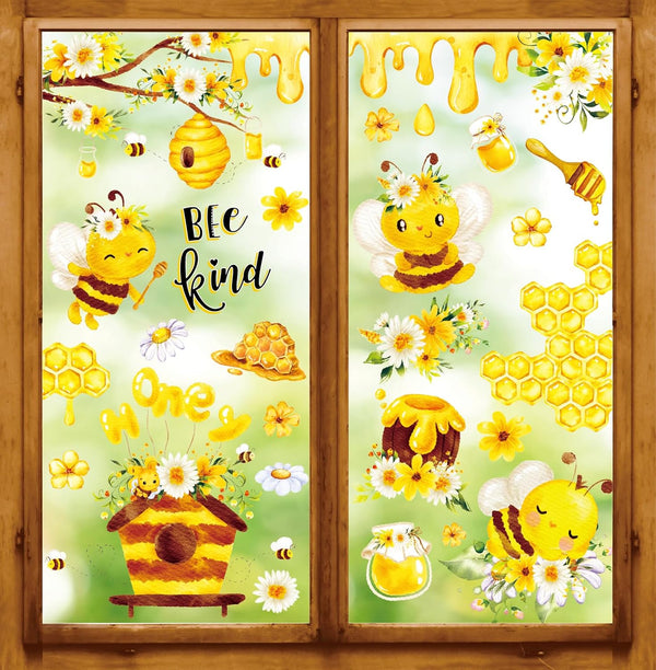Whaline 90Pcs Bee Window Clings, Removable Watercolor Spring Summer Decals for Home Shop Party Glass Decor, 7.8 x 11.8