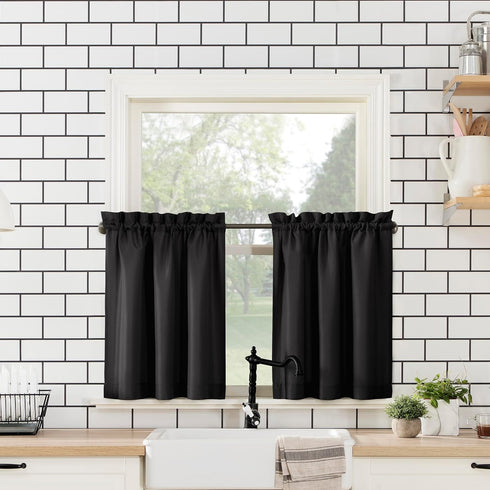 No. 918 Martine Microfiber Semi-Sheer Rod Pocket Kitchen Curtain Valance and Tiers Set, 54" x 45", Black