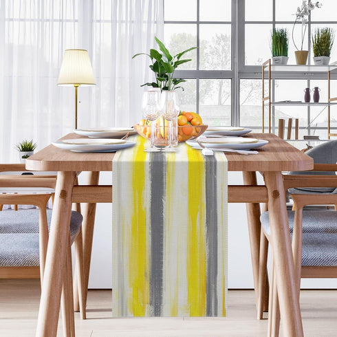 Decor(13x72 inch) Emvency Yellow Abstract Table Runner, Modern Grey White Striped Dining Decor for Kitchen Coffee Table
