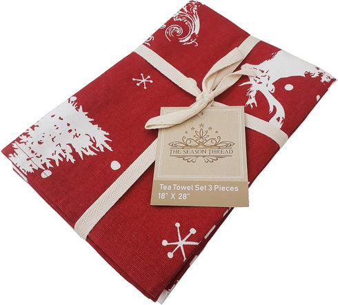 Set of 3 Tea Towels, Christmas Forest, 100% Cotton, Size 18x28 Inch, Perfect for Thanksgiving and Christmas