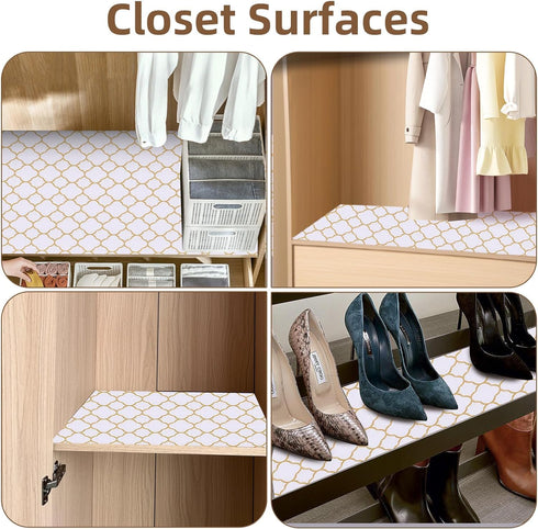 Shelf Liners for Kitchen Cabinets, 12in x 10FT Non Adhesive Drawer Liner, Gold Quatrefoil Thickened Shelf Liner Paper