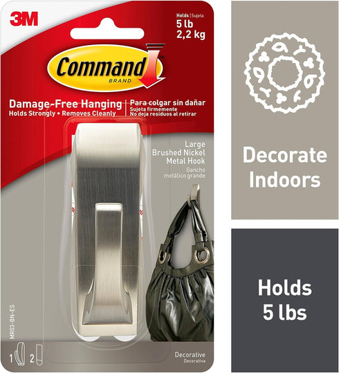 Command Large Modern Reflections Metal Hook, Brushed Nickel, 1-Hook, 2-Strips