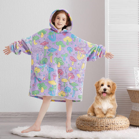 6-13YR Fiosnow Glow in the Dark Mushroom Blanket Hoodies for Kids Oversize Wearable Blanket Hoodies for Boys Girls