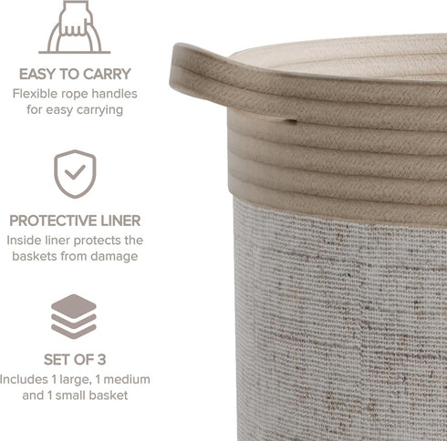 Set 3 RGI Home Decorative Storage Baskets with Safari Animal Prints of Round Fabric Rope and Linen Organizer Bins