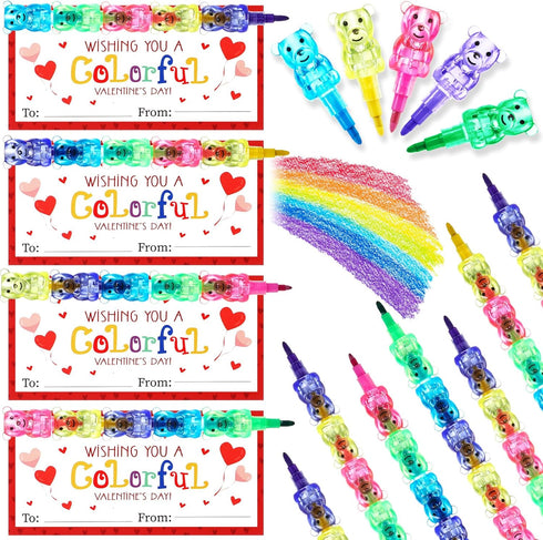 Noveread 24 Valentines Cards and Stacking Crayons 24 Pcs 5 Colors Panda Buildable